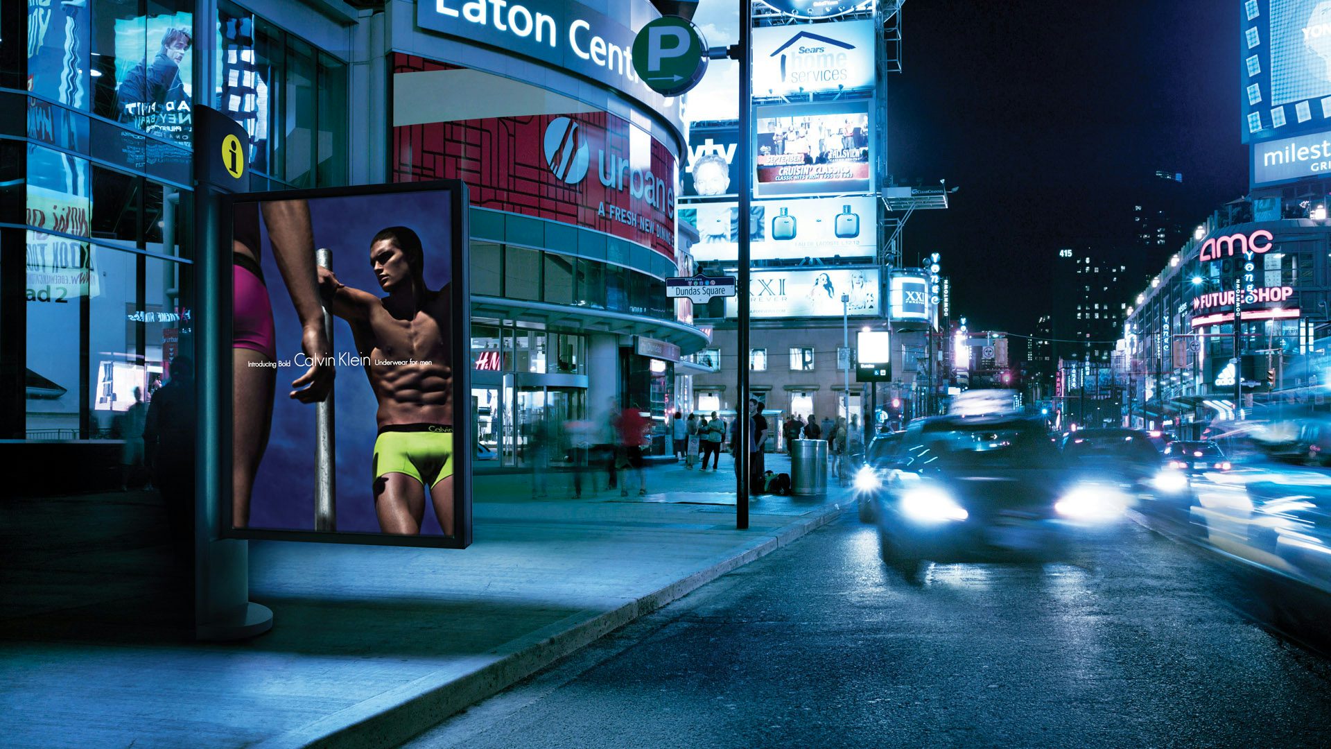 Astral info board featuring a Calvin Klein ad in front of Toronto's Eatons Centre