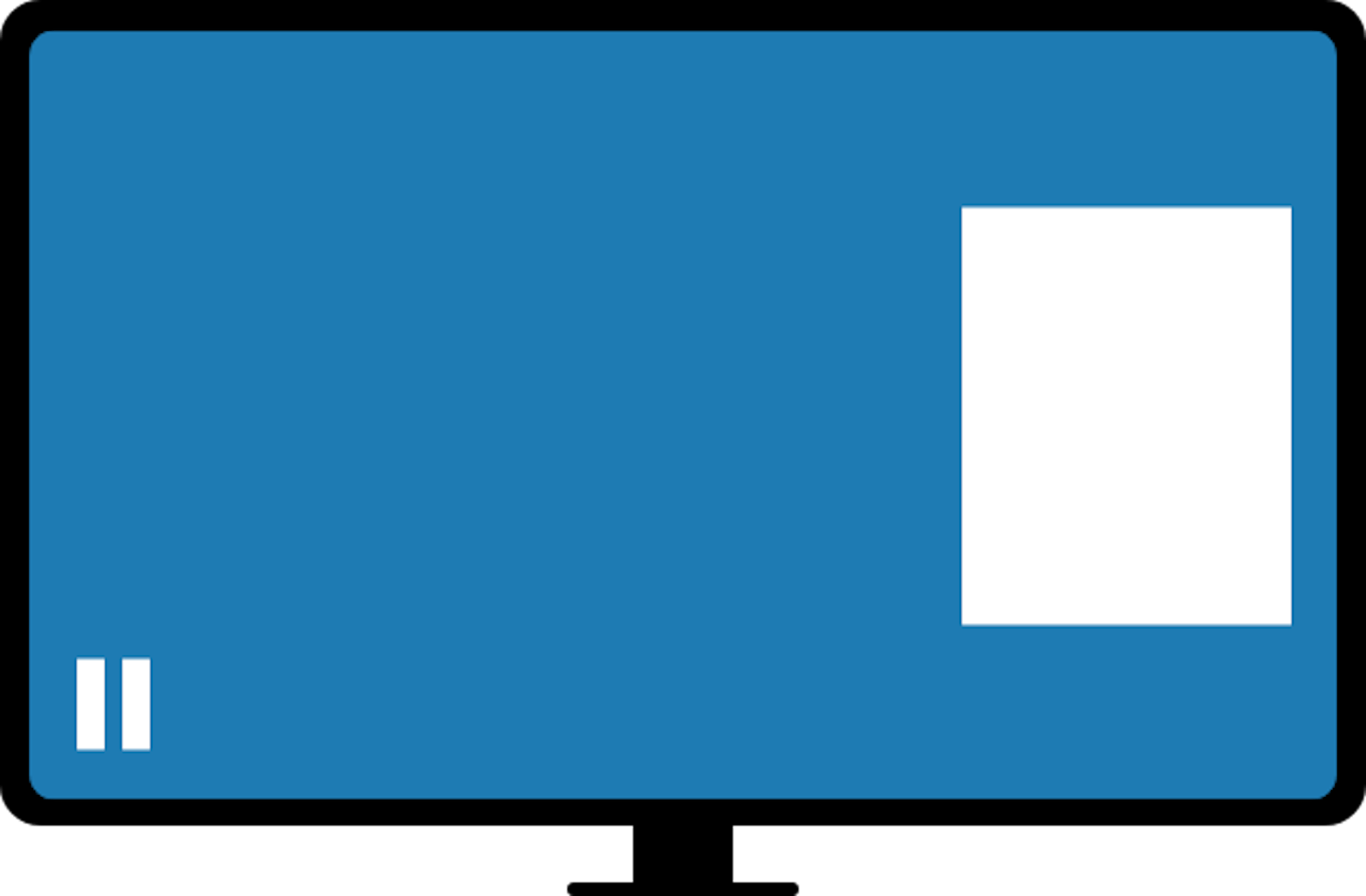 Graphic of a computer screen with a pause symbol in the bottom left corner and a white box on the left side of the screen