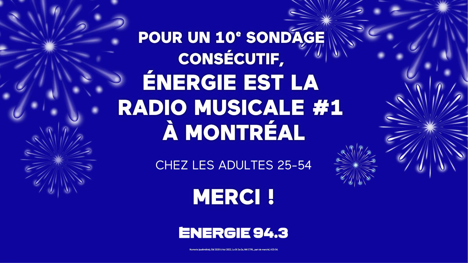 Image en vedette de l'article Un 10e sondage consécutif place ÉNERGIE 94.3 au premier rang des radios musicales à Montréal