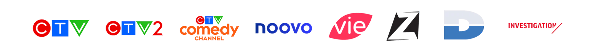 Series of logo where Addressable TV is available: CTV, CTV2, CTV Comedy, Noovo, Canal vie, Z, Canal D and Investigation.