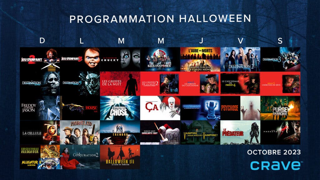 Grille de programmation de l'Halloween sur Crave en 2023