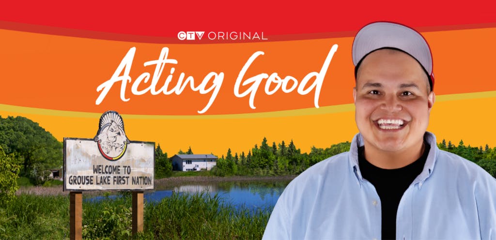 Paul Rabliauskas in front of lake and "Welcome to Grouse Lake First Nation" sign.