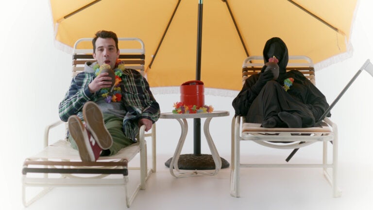 Jay and Grim Reaper pool side