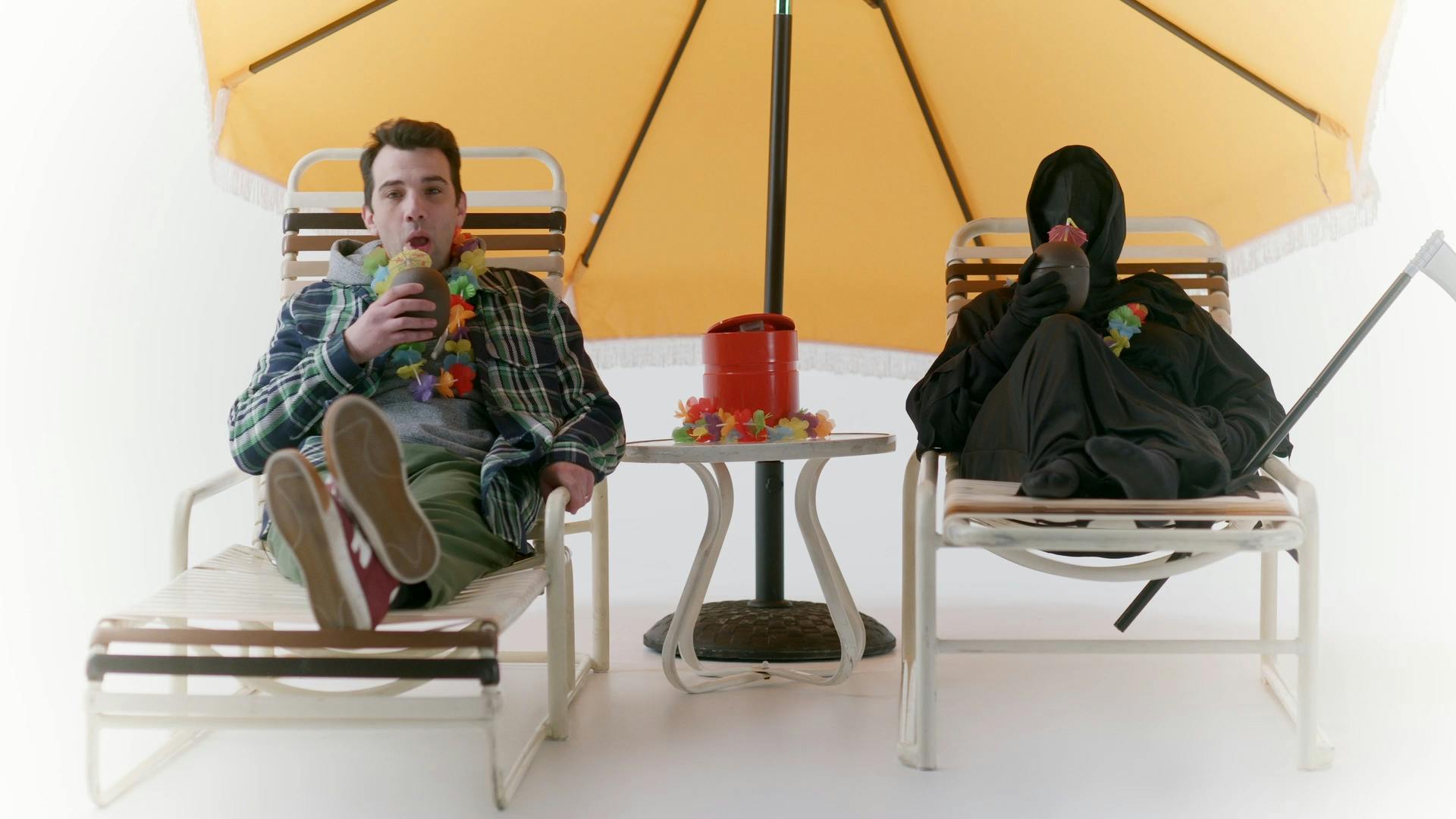 Jay and Grim Reaper pool side