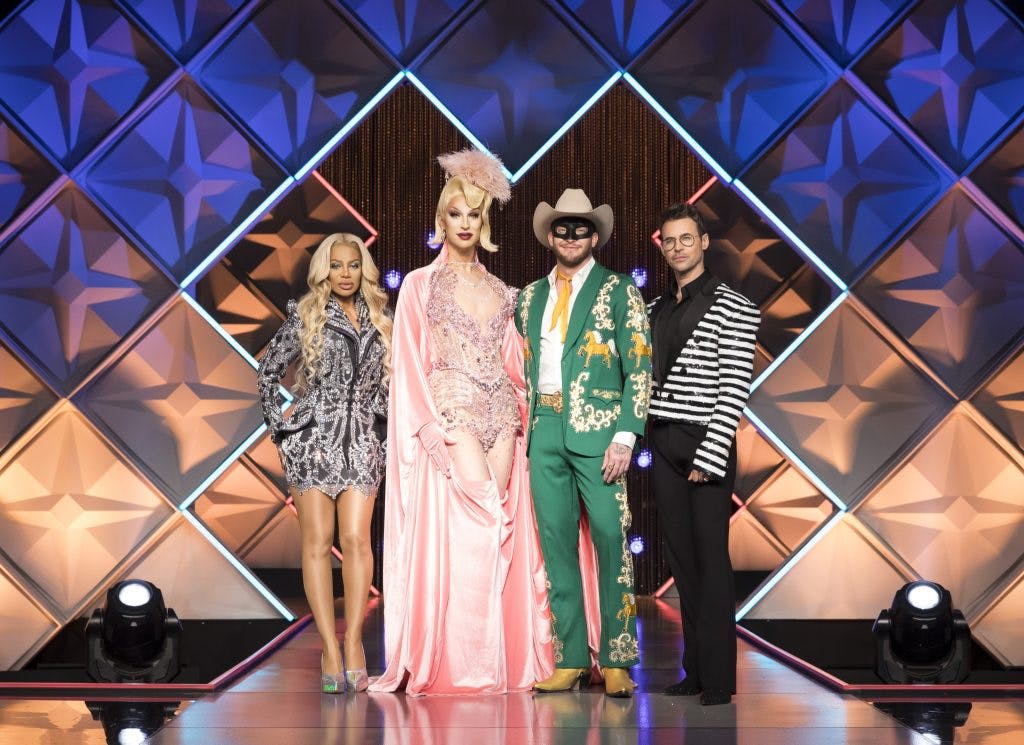 judges Brooke Lynn Hytes, Brad Goreski, and Traci Melchor with guest judge Orville Peck in Canada's Drag Race season 5