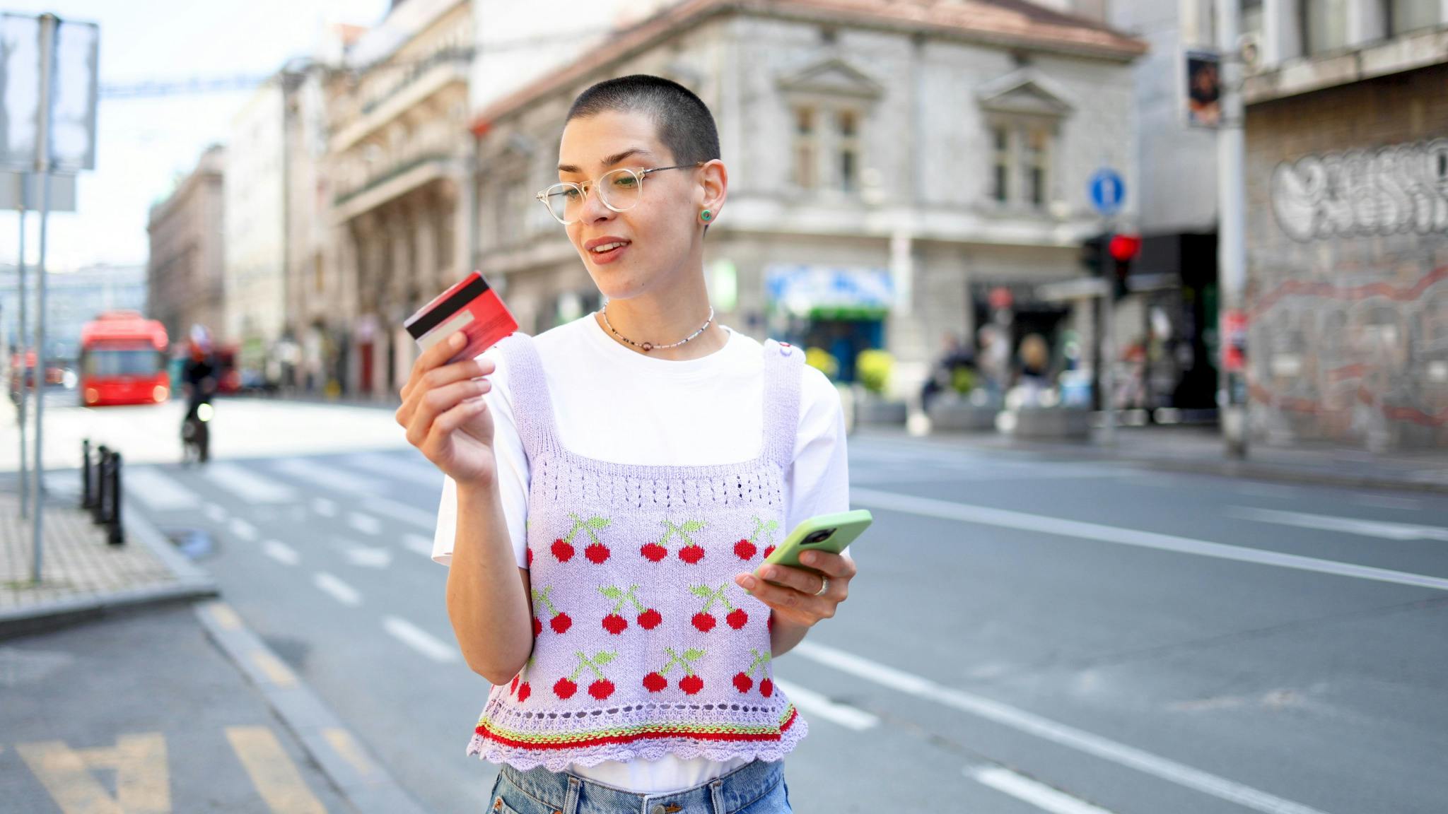 Woman looking at a banking card