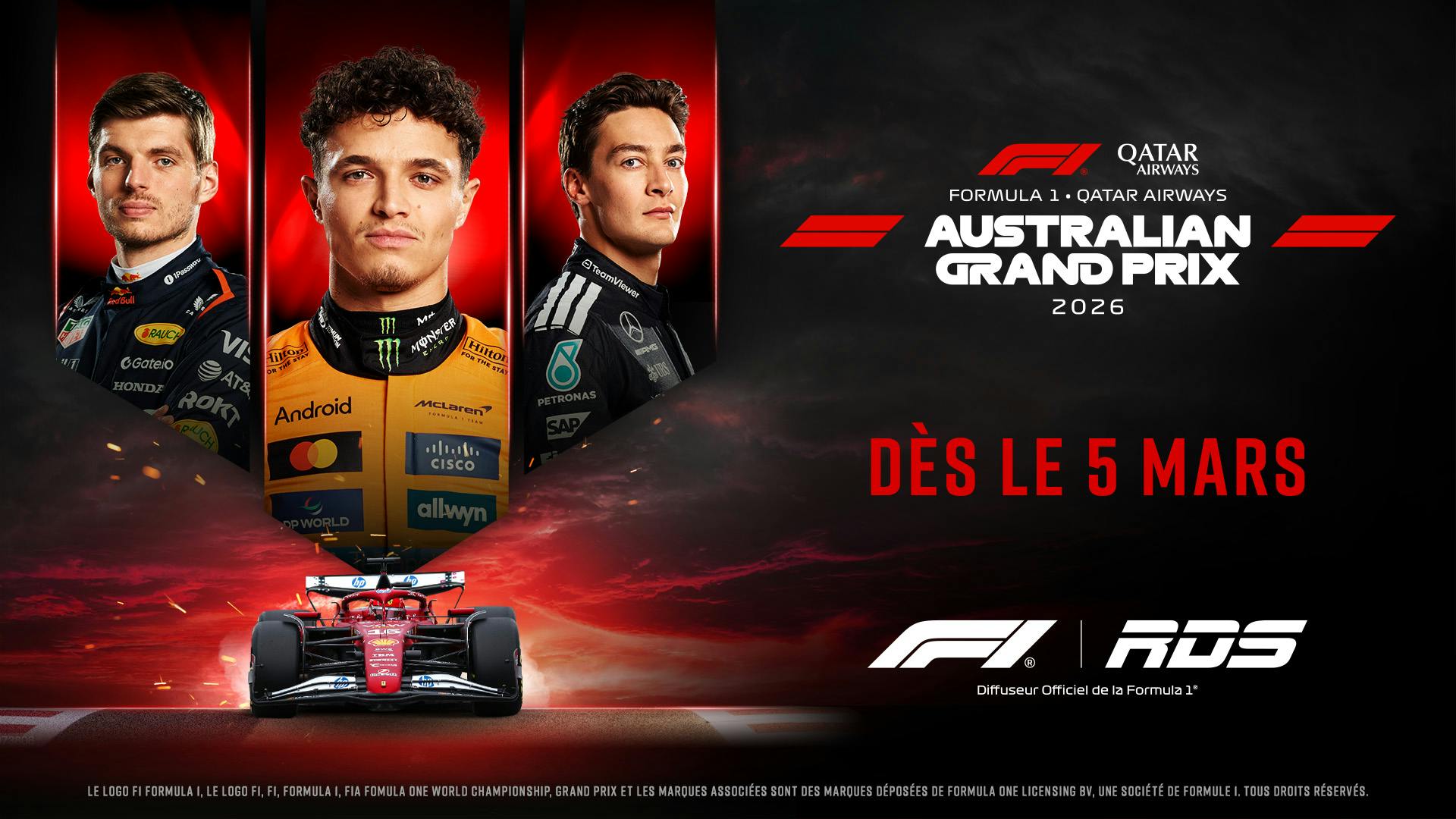 Image en vedette de l'article Les rouges s’éteignent, et on roule! : RDS en position de tête pour tous les GRANDS PRIX DE FORMULE 1MD de la saison 2026