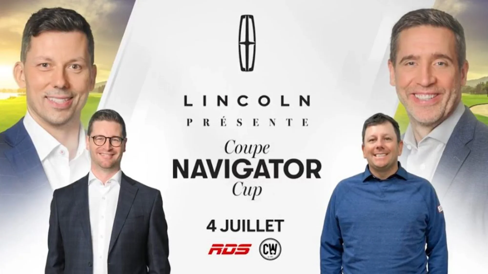 Visuel promotionnel de Lincoln présentant la Coupe Navigator Cup avec des personnalités sportives, diffusée le 4 juillet sur RDS.