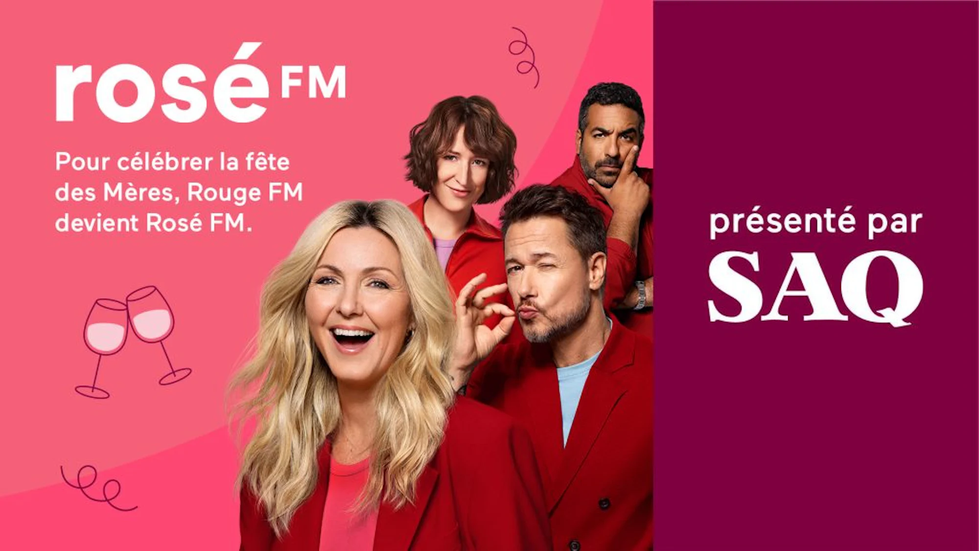 Affiche promotionnelle de Rosé FM avec des animateurs de Rouge FM habillés en rouge sur un fond rose, annonçant que la station devient Rosé FM pour la fête des Mères, présenté par la SAQ.