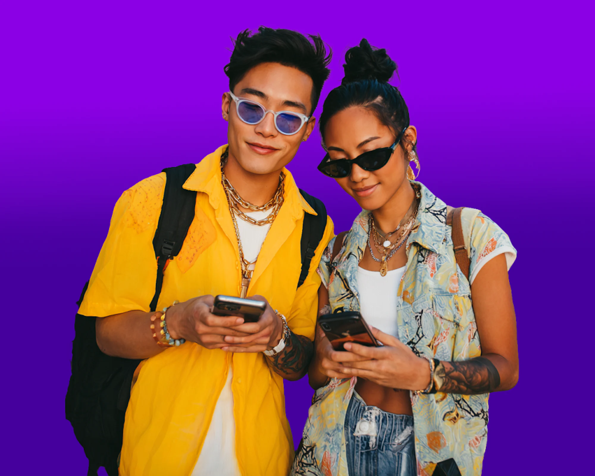 Two young adults looking at their smartphones against a purple background.